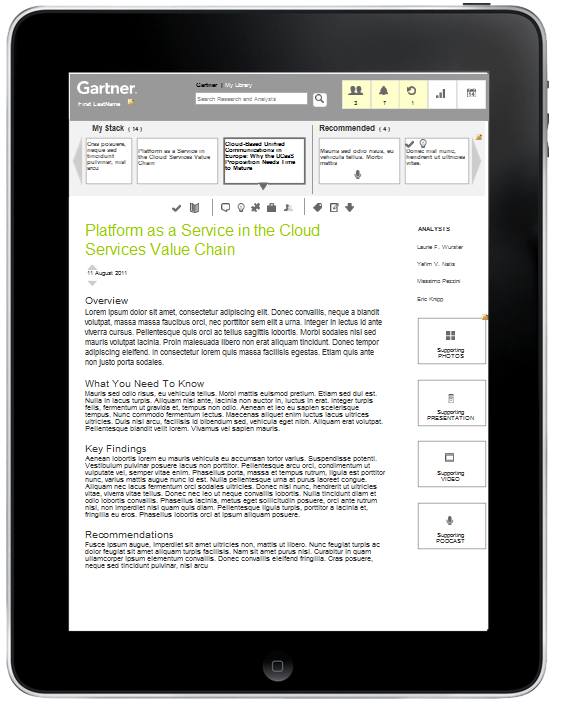 <b>ARTICLE FOCUS</b> : We modeled the article view after a reader interface where the noise of related content is removed, but you still have easy access to annotation tools and analyst/author profiles.