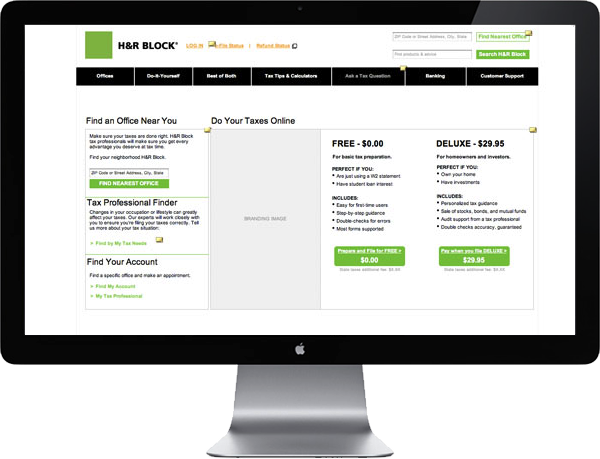 <b>ROLE:</b> UX Architect<br /><b>OBJECTIVE:</b>  To keep up with rapid iterations of A/B testing, I devised a prototype for daily design iteration as I optimized the home and other key pages for HR Block's 2010 tax season.