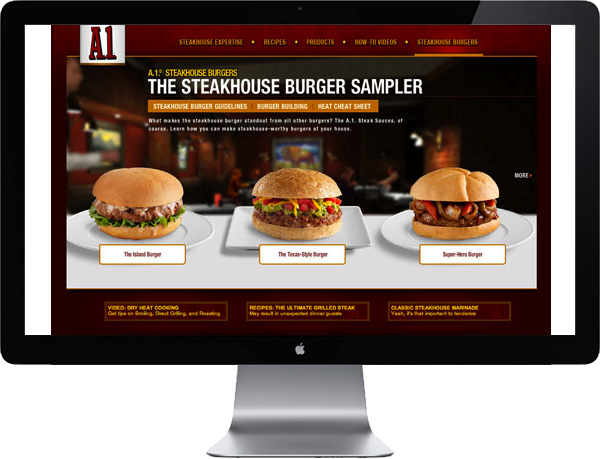 <b>SEASONAL FEATURED CONTENT</b> : Though the use of A.1. steaksauce on a burger is common, we wanted to show new ways of spicing up the standard burger. All burgers featured also drive to their related recipe and product.