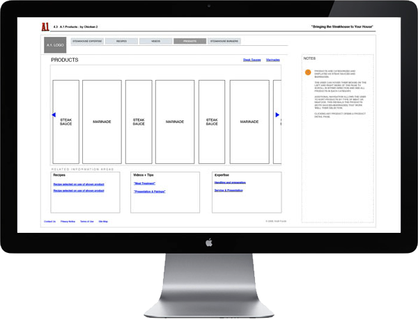 <b>RIA WIREFRAMES</b> : The rich flash interface was diagrammed and noted to specify how the information/data would move through the site. Functional specs and interface reviews were also documented for our development partner.