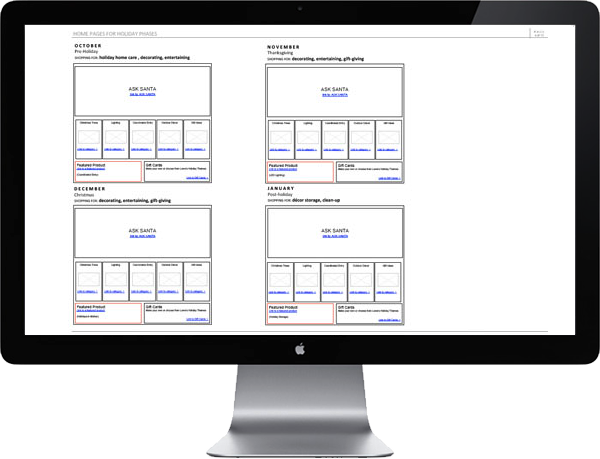 <b>HOLIDAY SEASON HOME PAGE</b> : I restructured the home page for 4 phases during the holiday season. Product features took the lead depending on whether people were decorating, buying gifts, entertaining or cleaning up and storing.