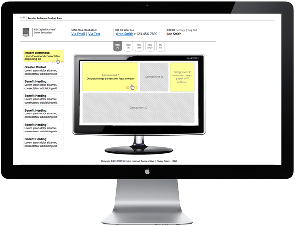 <b>PRODUCT PAGE</b> : Simple interface devised to deliver product component details as you hover over the graphical product screen.