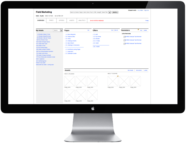 <b>ROLE:</b> UX Architect<br /><b>OBJECTIVE:</b>  I devised the interface prototype for a Flex app that draws from Starwood's existing folder-based architecture and navigation. For Starwood's nation-wide content admins who manage myriad promotional offers and assets at global, national, regional and local levels, I created a system that tailors the workflow and search queries to each administrator's regional and property context.