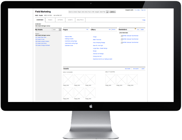 <b>MY HOTELS DASHBOARD</b> : The system is designed to invert their existing folder-based interface and only display content relevant to the hotels one manages and deliver system or custom reminders to help prioritize a variety tasks.