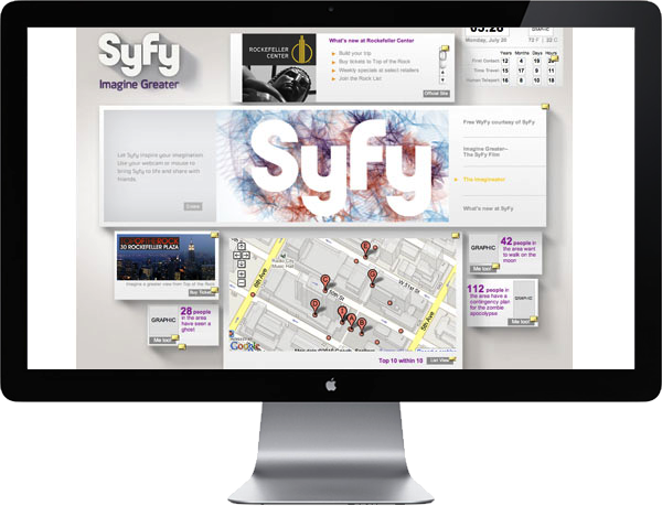 <b>ROLE + OBJECTIVE</b> : For the rebranding, I created a prototype for the SyFy-sponsored, Rockefeller Center Wi-Fi portal page. Heavy programming was needed to make the page content feel <b>alive</b> as if it was constantly reading and reflecting the human activity within the Wi-Fi area.