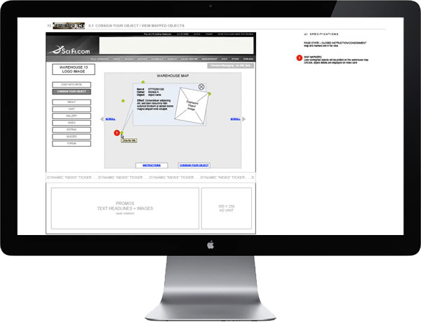 <b>ARTIE, WAREHOUSE 13 CURATOR</b> : The wireframes needed to illustrate and annotate the programmed, adaptive content (clicked objects or search queries that return and play various videos).