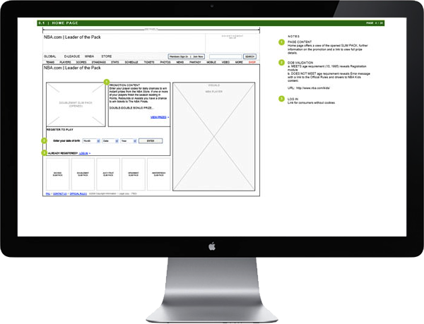 <b>WRIGLEY + NBA SWEEPSTAKES</b> : Home page with annotations for sweepstakes regulation requirements and primary user tasks and actions.